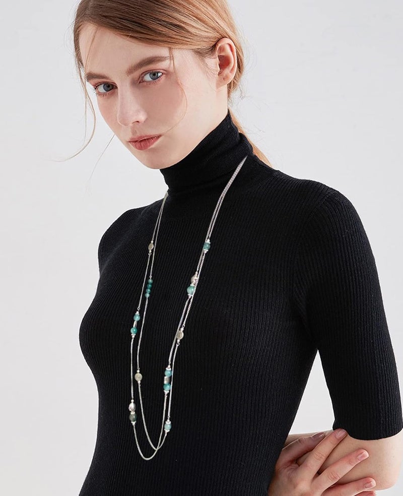 BULINLIN Layered Silver Long Necklace for Women Turquoise Stone Beaded Strand Sweater Chain Necklaces Fashion Costume Jewelry Gifts for Mom - Image 5